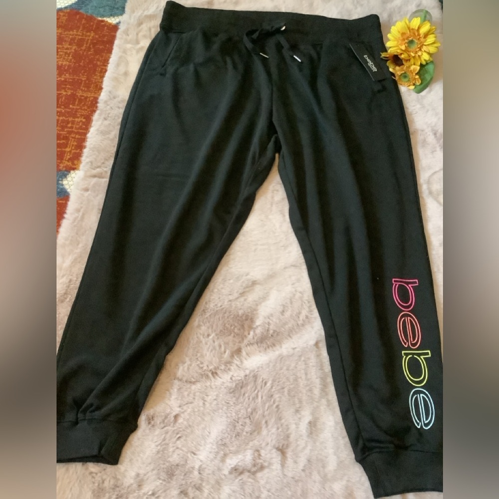 LOWEST🌺 NWT BEBE SPORT BLACK FLEECE MULTICOLOR LOGO JOGGER PANTS - Picture 3 of 13